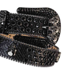 Black Studded Rhinestone Belt With 7 Skulls