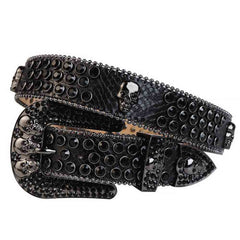 Black Studded Rhinestone Belt With 7 Skulls